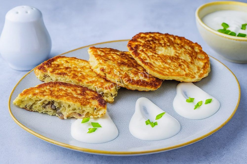 Деруны картофельные с грибами и сметаной