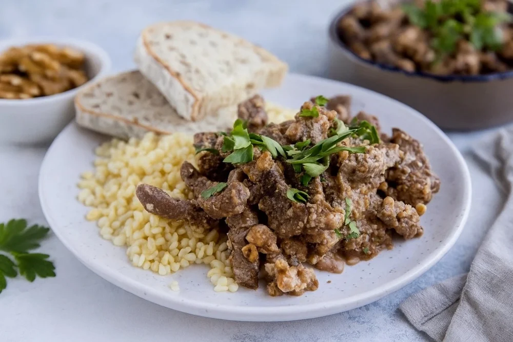 Говядина тушёная с грецкими орехами