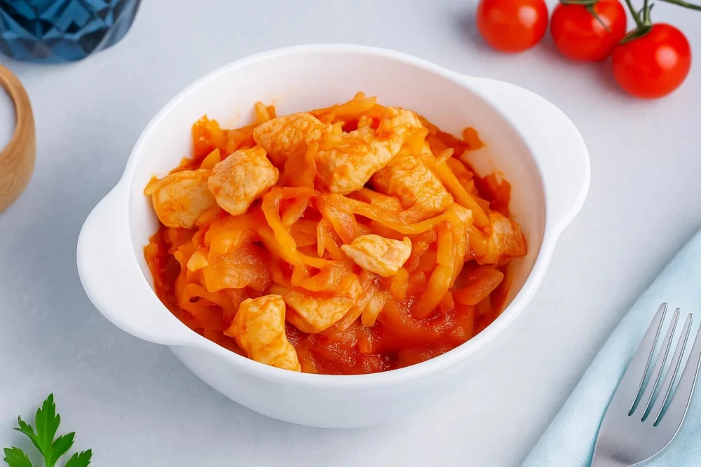 Курица с квашеной капустой и томатной пастой (тушёная)